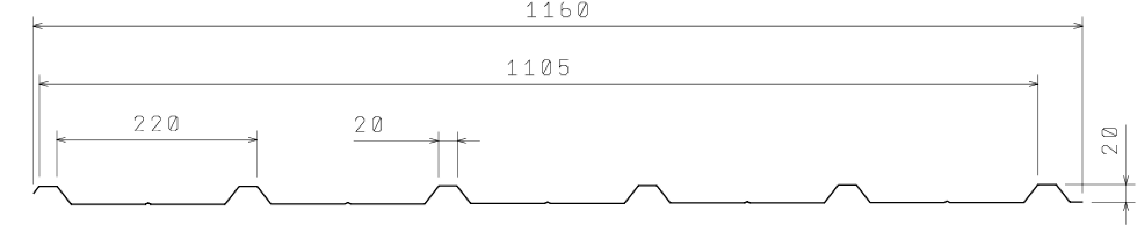 Schéma technique du bac acier de couverture Marin Profils avec largeur utile de 1 100 mm, largeur totale de 1 160 mm et hauteur d'onde de 20 mm