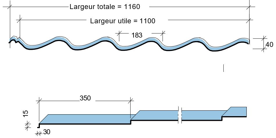 Schéma technique de la tôle imitation tuile Marin Profils avec largeur utile de 1 100 mm, largeur totale de 1 160 mm et pas de 350 mm
